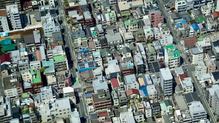 Aerial view of Japanese city buildings