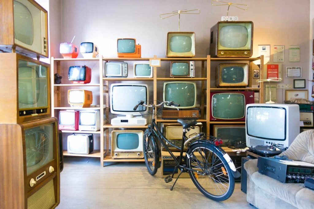 A stack of old televisions, showing the state of Japanese TV