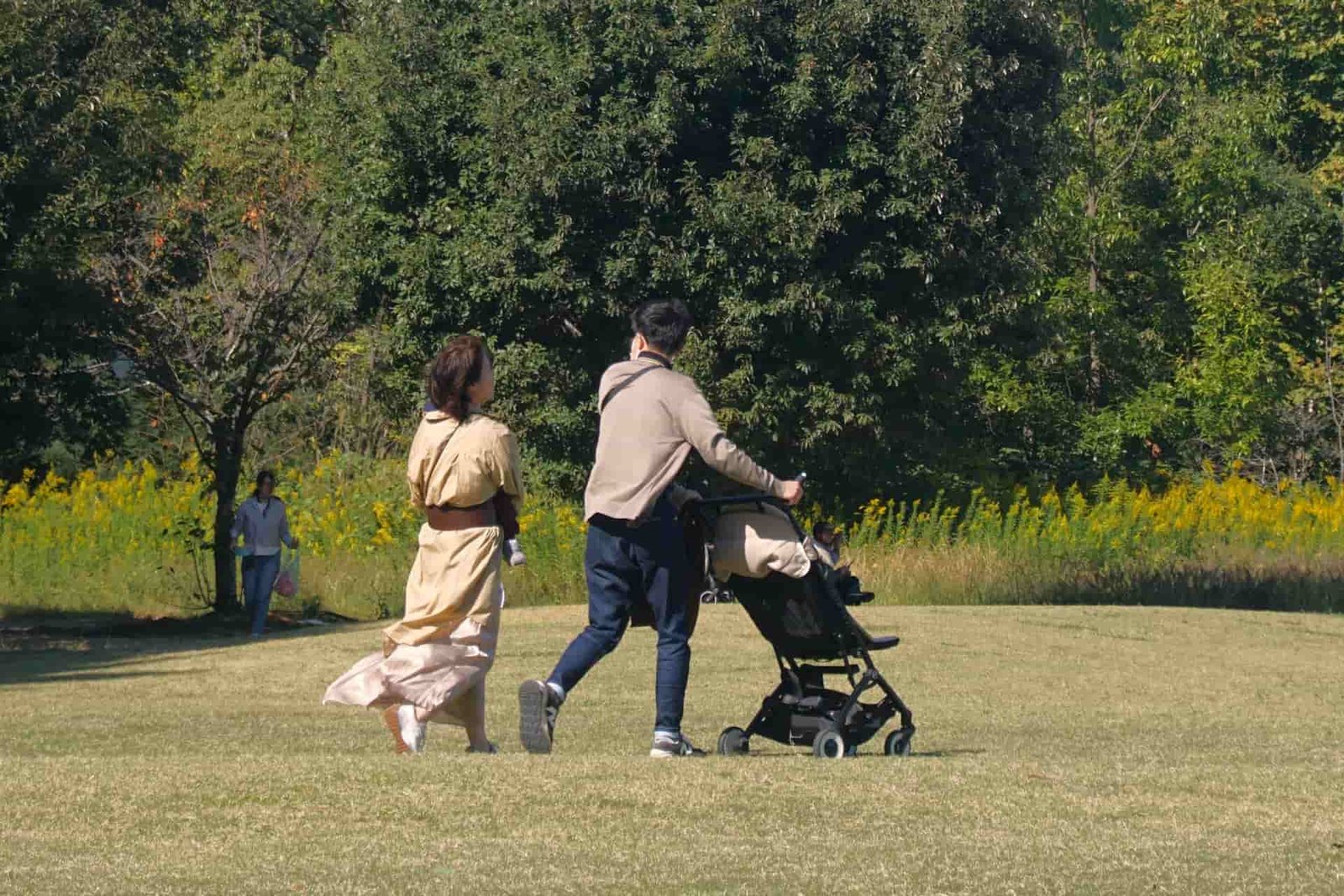 Father and mother pushing a stroller through a park