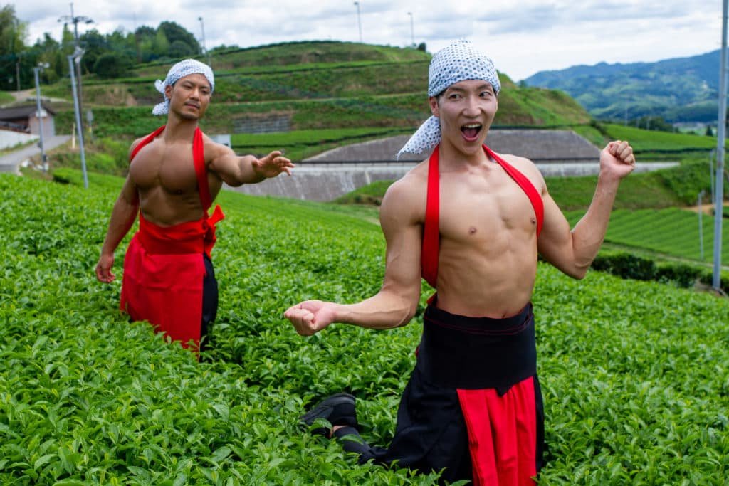Two musclular japanese men playing in a tea field